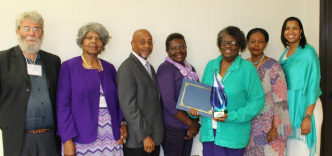 From left are: Tony Chiariello; Geneva Patterson; Leroy Lloyd, the Effingham County branch NAACP president; Rachel Lloyd, the Effingham County branch WIN chairperson; Lucy Powell; Nellar Lonon, assistant secretary; and Victoria Glover, secretary.