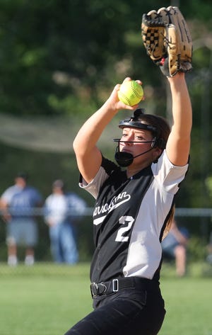 TIMES-REPORTER PAT BURK

Carrollton pitcher Shelbee Stidom unwinds during the district semifinal game against Claymont Tuesday at Tuscarawas Central Catholic in New Philadelphia.
