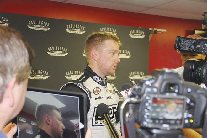 NASCAR Xfinity Series rookie Tyler Reddick speaks in the Jim Hunter Media Center at Darlington Raceway after he tested the high banks of the track for the first time Wednesday.