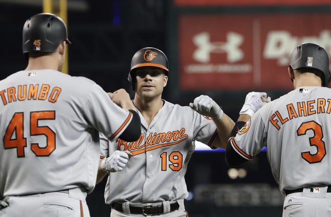 Baltimore Orioles' Chris Davis (19) is congratulated after his two-run home run during the 13th inning of a baseball game against the Detroit Tigers, Wednesday, May 17, 2017, in Detroit. The Orioles won 13-11. (AP Photo/Carlos Osorio)
