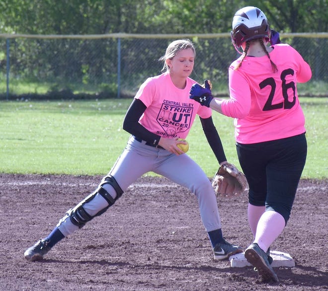 Central Valley Academy shortstop Linnea Bush steps on second badse to force a Canastota runner out during Monday's Pink Game at the David P. Whalen Park.    

[Jon Rathbun/Times Telegram]