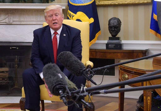President Donald Trump speaks in the Oval Office of the White House in Washington, Thursday, May 18, 2017, during his meeting with Colombian President Juan Manuel Santos. (AP Photo/Susan Walsh)