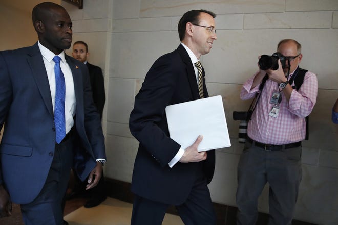 Deputy Attorney General Rod Rosenstein arrives on Capitol Hill in Washington on Thursday for a closed-door meeting with senators. [JACQUELYN MARTIN/THE ASSOCIATED PRESS]