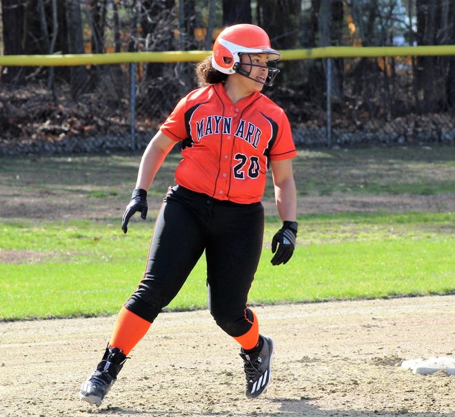 Maynard High’s Alyssa Ehrenfried, seen her from a game earlier this season, hit a two-out, two-run walk-off homer May 17 against visiting Tahanto. The Tigers won, 8-7. [Wicked Local Staff Photo/Martin Renzhofer]