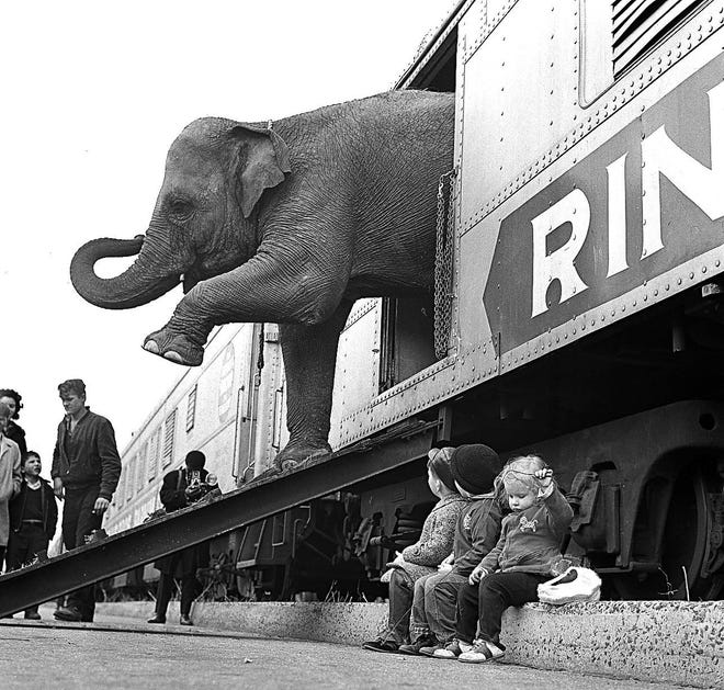 In this April 1, 1963 file photo, a Ringling Bros. Circus elephant walks out of a train car as young children watch in the Bronx railroad yard in New York. The Ringling Bros. and Barnum & Bailey Circus is drawing to a close in May 2017, after 146 years of performances and travel. (AP Photo)