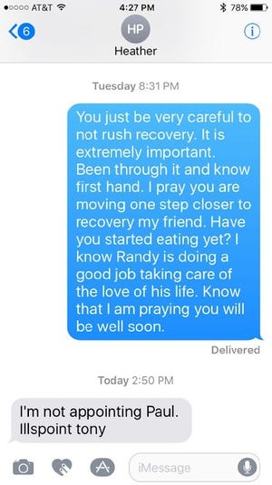 These text messages sent by Volusia County Councilwoman Heather Post to Councilwoman Billie Wheeler raised questions following Thursday's council meeting. One state Open Meetings Law expert says they "bother" her, while Volusia County Attorney Dan Eckert said they are legal. [Screenshot from Billie Wheeler]