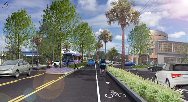An artist's rendering of the “South Main Street Improvement Project,” a proposed $6 million project that would include reducing travel lanes, installing safety medians, planting trees and increasing on-street parking. [Submitted photo]