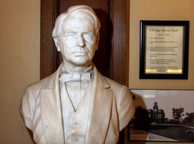 A marble bust of Elbridge Dexter Rand is displayed at the Des Moines County Heritage Center.