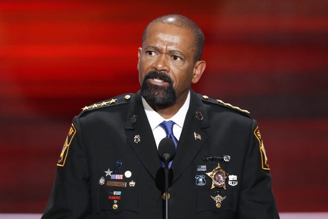 In this file photo, Milwaukee County, Wis. Sheriff David Clarke speaks last year at the Republican National Convention in Cleveland. [AP Photo/J. Scott Applewhite, File]