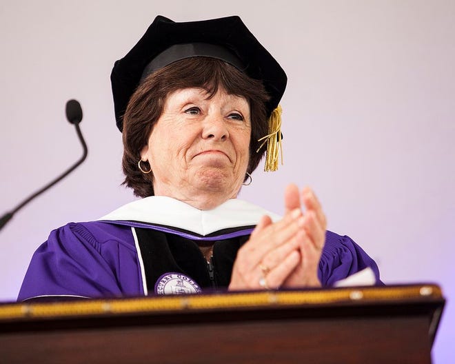 Karen Daley, a Curry College alumna, delivers the commencement address after receiving an honorary doctorate, during the Curry College commencement ceremony at the D. Forbes Will athletic complex in Milton, on Sunday, May 21.
