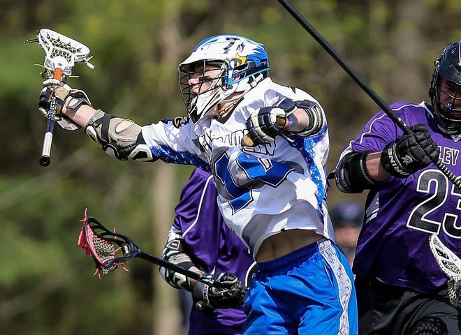 Hopedale's Jake Wollensak, pictured in the Blue Raiders' win over Valley Tech on May 4, scored nine goals in Hopedale's 20-2 win over Auburn on Monday. [Daily News and Wicked Local File Photo/Dan Holmes]