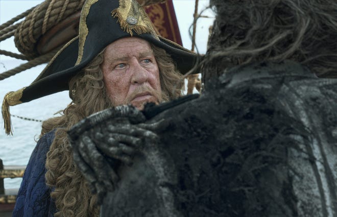 Captain Barbossa (Geoffrey Rush) has some concern on his face. (Photo courtesy of Walt Disney Studios)