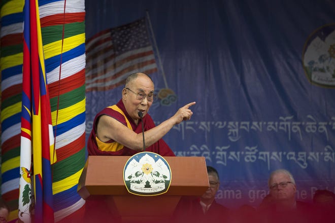 Tibetan spiritual leader Dalai Lama speaks during an event to felicitate group from U.S. Congress at the Tsuglagkhang temple in Dharmsala, India, Wednesday, May 10, 2017. The group is taking aim at one of Chinaþ's sore spots, Tibet, during a meeting in India with the Tibetan Buddhist spiritual leader, the Dalai Lama. U.S. Representative Nancy Pelosi said Wednesday that China was using "brutal tactics" and economic leverage to crush Tibetan calls for autonomy. (AP Photo/Ashwini Bhatia)