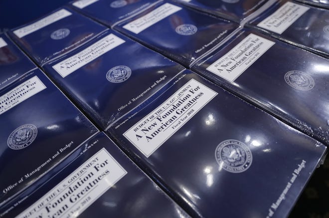 Copies of President Donald Trump's fiscal 2018 federal budget are laid out ready for distribution on Capitol Hill in Washington, Tuesday, May 23, 2017. THE ASSOCIATED PRESS