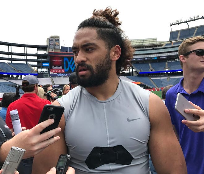 Harvey Langi meets with the media at Gillette Stadium on Tuesday.