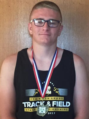 Newcomerstown Middle School eighth-grader Jarrett (JJ) Durr became the Ohio High School Athletic Association 2017 state champion in the discus May 13. PHOTO PROVIDED