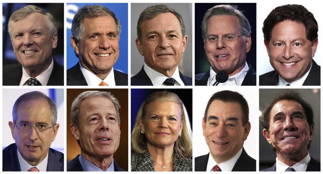 These are the top 10 highest paid CEOs in 2016, according to a study carried out by executive compensation data firm Equilar and The Associated Press. On top row, from left: Charter Communications CEO Thomas Rutledge; CBS CEO Leslie Moonves; Walt Disney CEO Robert Iger; Discovery Communications CEO David Zaslav; and Activision Blizzard CEO Robert Kotick. On bottom row, from left: Comcast CEO Brian Roberts; Time Warner CEO Jeffrey Bewkes; IBM CEO Virginia Rometty; Regeneron Pharmaceuticals CEO Leonard Schleifer; and Wynn Resorts CEO Stephen Wynn. [THE ASSOCIATED PRESS]