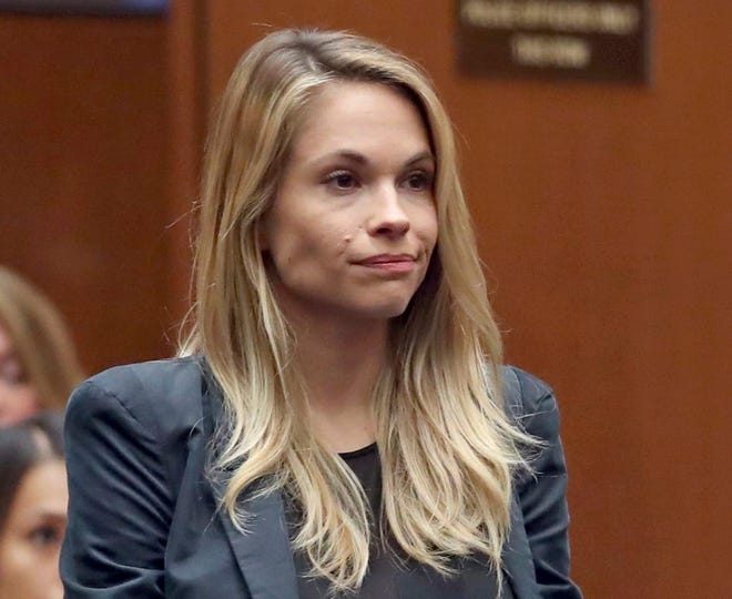 Model and Playboy bunny Dani Mathers appears in Los Angeles County Superior Court to answer charges related to her taking a photo of a naked, 71-year-old woman in a gym locker room and posting it on social media with insults about the woman's body, in Los Angeles on Wednesday, May 24, 2017. She pleaded no contest and was sentenced to probation and 30 days of community service. (Frederick M. Brown/Pool Photo via AP)