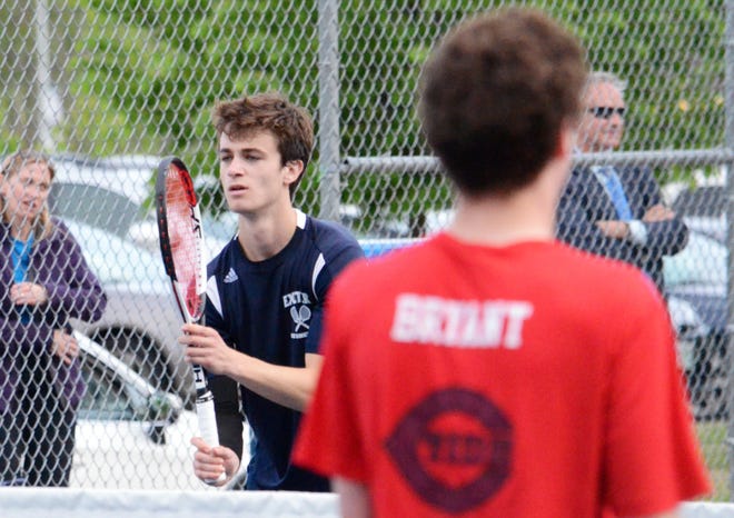 Exeter's Cam Maher gets focused during the No. 1 doubles match Tuesday against Concord. [Ryan O'Leary/Seacoastonline]