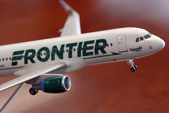A model of a Frontier Airlines jet that was presented to Gov. Gina Raimondo by Daniel Shurz, a senior vice president for Frontier.

[The Providence Journal / Bob Breidenbach]