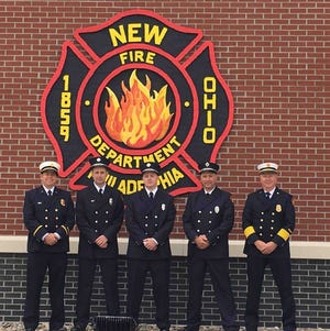 SUBMITTED PHOTO

Lt. Robert Smith, Zac Campbell, Zach Geib, Wesley Halter and Chief Jim Parrish were among New Philadelphia Fire Department firefighters honored at the EMS Star of Life ceremony Wednesday. Not pictured are Capt. Wesley Tucke, Brock Burris and Jarod Lawver. Dr. Kevin Miller, medical director also was honored.