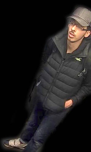 This is a handout photo taken from CCTV and issued on Saturday, May 27, 2017 by Greater Manchester Police who have altered the surrounding area of Salman Abedi, in an unknown location on the night of the attack on Manchester Arena. The police released surveillance-camera images of the bomber on the night of the May attack as they appealed for information about his final days. (Greater Manchester Police via AP)