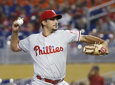 (File) Phillies pitcher Zach Eflin gave up four home runs in five innings Sunday against the Reds.