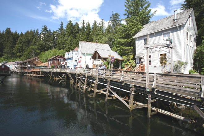 The buildings along Ketchikan Creek Street in Ketchikan, Alaska, that once welcomed gold miners are now shops and restaurants.( Photo courtesy of Brian Adams, Alaska Travel Industry Association. )