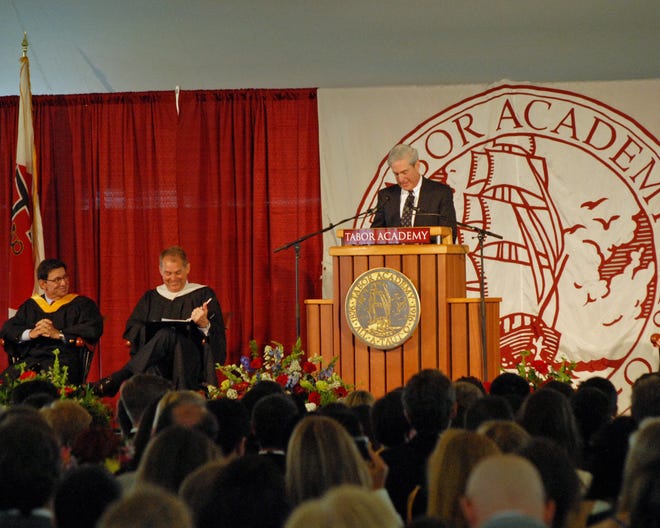 Tabor Academy's Commencement Address Speaker Robert S. Mueller is flanked by Carmine Martignetti, Board of Trustees chairman, and Head of School John H. Quirk. 

[Wicked Local Photo/Debra Cordeiro]
