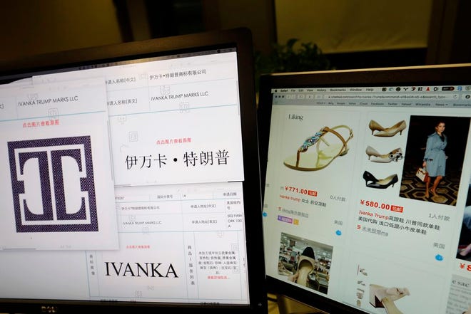 In this April 21, 2017, file photo, trademark applications from Ivanka Trump Marks LLC images taken off the website of China's trademark database are displayed next to a Chinese online shopping website selling purported Ivanka Trump branded footwear on computer screens in Beijing, China. Three men investigating a company in China that produces Ivanka Trump brand shoes are missing, according to Li Qiang who runs China Labor Watch, a New York-based labor rights group that was planning to publish a report in June, 2017, about low pay, excessive overtime and the possible misuse of student interns at one of the company's factories. (AP Photo/Ng Han Guan, File)