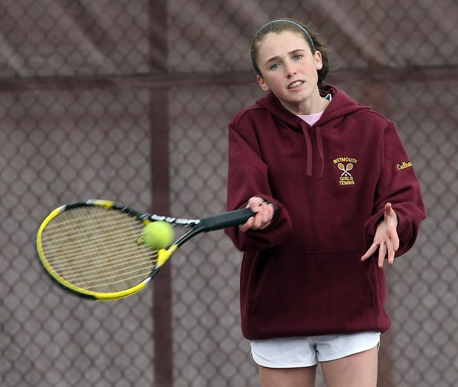 Weymouth No. 1 doubles player Hannah Cullhane makes a forehand return in their match against Needham on Monday, May 8, 2017. [Wicked Local Staff Photo/ Robin Chan]