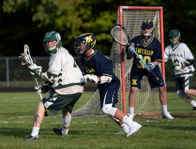 Billerica senior captain Gus Gobiel closes in on the Xaverian net during the game at Calabrese Stadium in Billerica, May 24, 2017. The Indians beat the Hawks, 12-7.  [Wicked Local Staff Photo/John Walker]