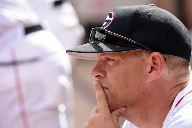 Georgia head coach Scott Stricklin watches his team from the dugout during an NCAA baseball game between Georgia and Lipscomb University at Foley Field in Athens, Ga. on Sunday, Mar. 13, 2016. (David Barnes/UGA)
