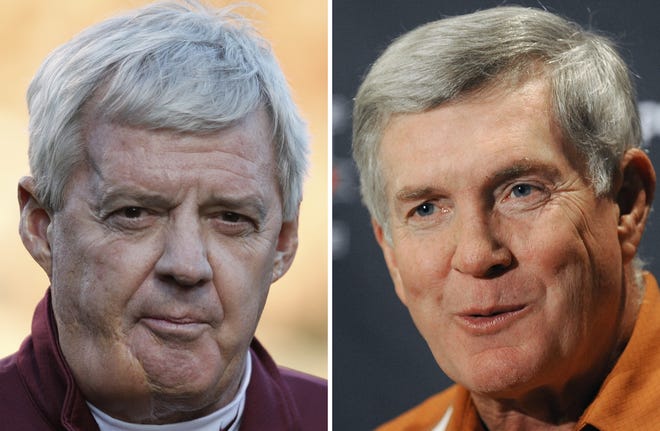 FILE - At left is an Oct. 15, 2011, file photo showing then-Virginia Tech head football coach Frank Beamer. At right is a July 25, 2011, file photo showing then-Texas head coach Mack Brown. Longtime Virginia Tech coach Frank Beamer and former Texas coach Mack Brown, along with former players Charles Woodson, Ed Reed and Calvin Johnson, are among those making their first appearance on the College Football Hall of Fame ballot this year. The ballot released Thursday, June 1,2017, by the National Football Foundation includes 75 players and six coaches who competed in the Football Bowl Subdivision of the NCAA. (AP Photo/File)
