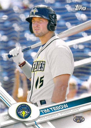 Tim Tebow’s debut minor league baseball card can be found in one out of every 505 packs of 2017 Topps Pro Debut Series.