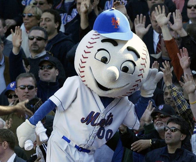 In this April 11, 2005, file photo, New York Mets mascot Mr. Met reacts with the crowd during the Mets home opener against the Houston Astros at Shea Stadium in New York. Even Mr. Met is frustrated with the team's start. New York's beloved mascot flashed an upraised middle finger at a fan during Wednesday night's, May 31, 2017, 7-1 loss to the Milwaukee Brewers, and the employee will not work for the Mets again. A Mets official told The Associated Press more than one person wears the Mr. Met costume during each season, and the person who donned it Wednesday night will not do so again. The Mets official spoke on condition of anonymity because the statement from the organization was the team's only authorized comment. THE ASSOCIATED PRESS