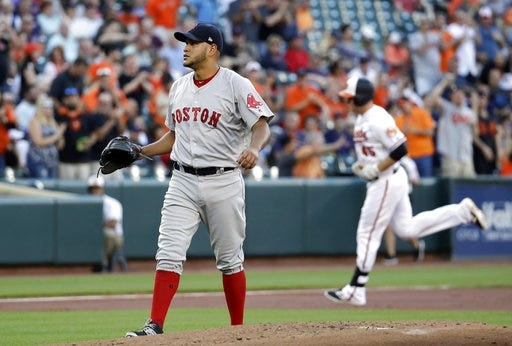 Boston starting pitcher Eduardo Rodriguez waits for Baltimore's Mark Trumbo, back right, to finish rounding the bases after hitting a two-run home run during the first inning. It was one of four Orioles' home runs in a 7-5 Sox loss.