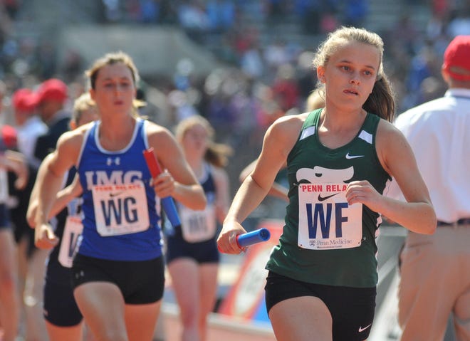 (File) Seneca's Kayla Martin, shown here during the Penn Relays in April, anchored the Golden Eagles to the state Group 3 championship in the girls 4x800 relay on Friday at Northern Burlington High School.