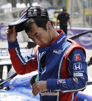 Takuma Sato, of Japan, prepares for a practice session, Friday, June 2, 2017, for the IndyCar Detroit Grand Prix auto racing doubleheader on Belle Isle in Detroit this weekend. (AP Photo/Carlos Osorio)