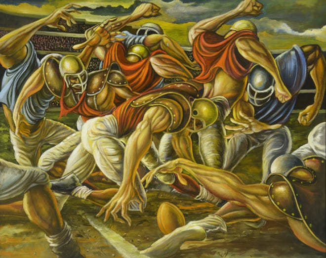 "Fumble in the Line" (1990) by Ernie Barnes