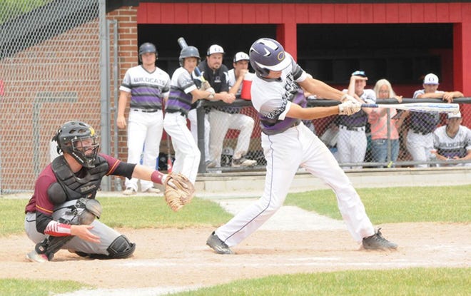 Onsted's Garrett Hunt hits during Saturday's Division 3 district semifinal game against Manchester at Clinton.