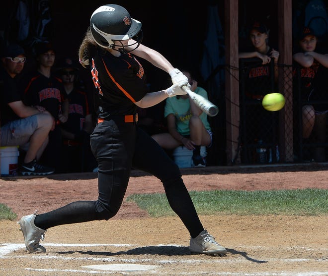 Harbor Creek's Morgan Harayda gets a hit against General McClane in the District 10 Class 4A softball championship at Penn State Behrend on May 29. Harayda is among the team leaders in batting heading into Monday's PIAA first-round game. [GREG WOHLFORD/ERIE TIMES-NEWS]