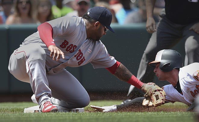 Baltimore Orioles baserunner Joey Rickard steals third base as Boston Red Sox infielder Pablo Sandoval applies a late tag during their game, in Baltimore on Sunday. [Photo by AP]