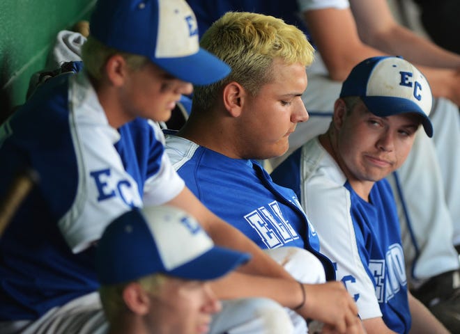 Ellwood City players, including DH Ryan Bartolomeo, center, look dejected near the end of their PIAA Class 3A first-round game against Sharpsville onMonday at Slippery Rock University. The Wolverines lost 5-2.