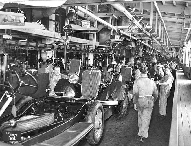 Although assembly lines have changed greatly since building a 1933 Ford there are still thousands of dedicated auto workers who assemble cars and trucks everyday to supply what seems like an insatiable appetite for new cars and trucks in North America. [Photo compliments Ford Motor Company]