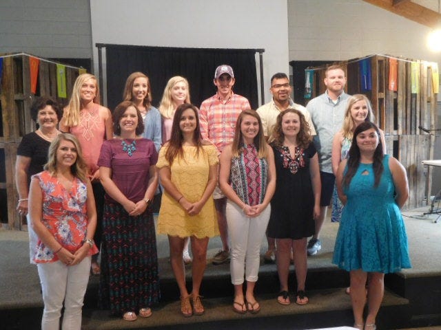 The Sue and Ted Montague Scholarship recipients pictured from left to right are Sue Montague, Kristin Roman Taylor, Heather West, Holly Waller, Hailey West, Kaitlyn Grange, Blaire Dawson, Justin Delise, Miranda Moore, David Morales, Jocelyne Pickett, Lee Taylor, Brooke Tyndall Wiggins and Jessica Pittman. [La Verne Cauley Corrigan / Contributed photo]