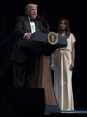 President Donald Trump, joined by first lady Melania Trump, speaks during the Ford's Theatre Annual Gala at the Ford's Theatre in Washington, Sunday, June 4, 2017. THE ASSOCIATED PRESS