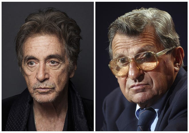 In this combination photo, actor Al Pacino, left, appears during a photo shoot in New York on Dec. 7, 2012 and Penn State football coach Joe Paterno pauses during a media day press conference at Beaver Stadium in State College, Pa., on Aug. 8, 2004. Pacino will star as late Penn State football coach in an upcoming HBO biopic directed by Barry Levinson. HBO says the film will focus on Paterno dealing with the fallout from the child sex abuse scandal involving his former assistant, Jerry Sandusky. (AP Photo/Victoria Will/, left, and Carolyn Kaster, File)