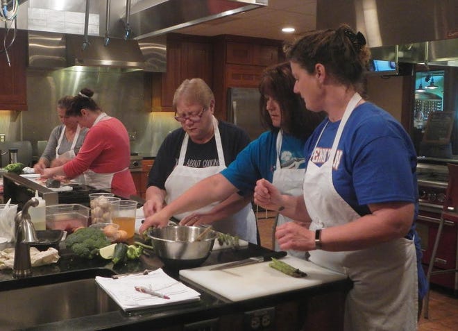 Food service professionals Beth Mateo, left, and Devina Millerd, of Geneva City School District, and Robin Davie, Mary Connors and Dana Burton, of Penn Yan Central School District, attend a Farm to School training at New York Wine and Culinary Center. [PHOTO PROVIDED]