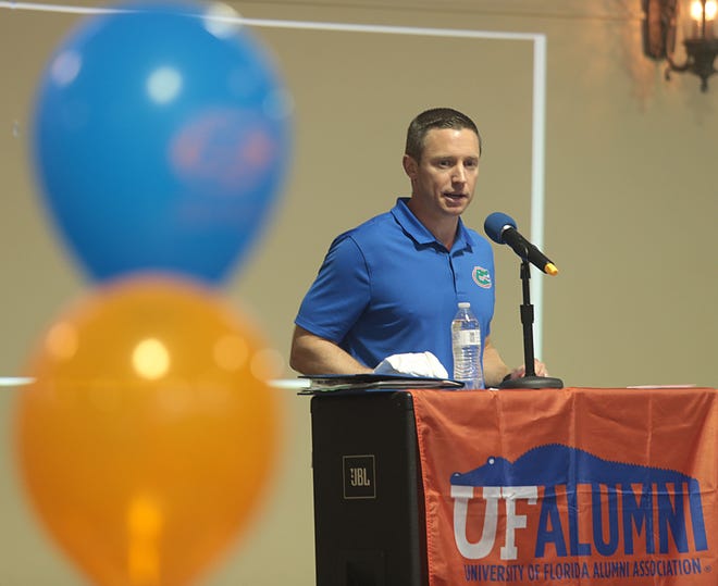 Florida men's basketball coach Mike White speaks at a Gator Gathering event at the Panama City Beach Senior Center on Tuesday. [Patti Blake | The News Herald]